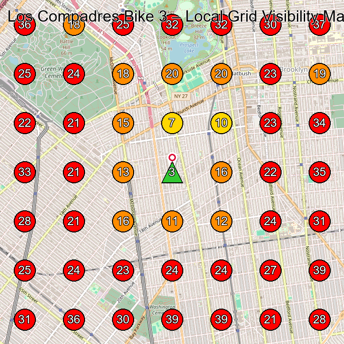 Los Compadres Bike 3 GeoGrid visibility map for Bicycle Store in Brooklyn